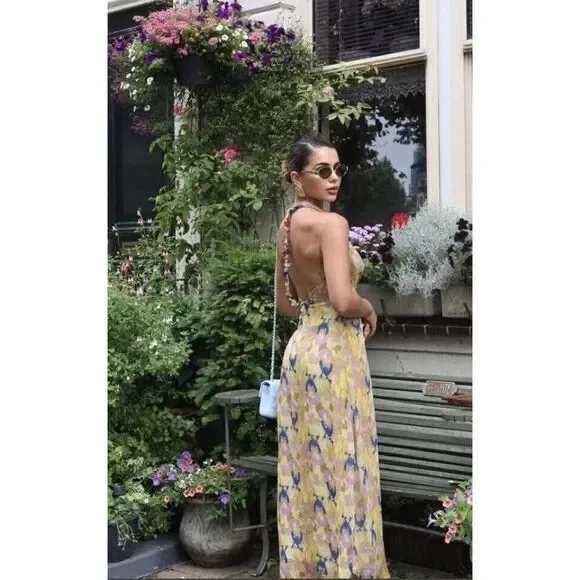 Zara Womens Maxi dress Size S Yellow Printed Beaded Boho Beach 6895/062 NWT